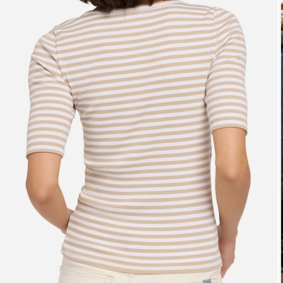 Faherty Tee Freestyle Rib Knit Short Sleeve Pima Blend Neutral Desi Stripe M NWT - Picture 7 of 14